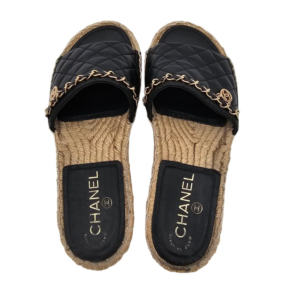 Chanel CC Chain Flat Slide Espadrille Sandal Black Quilted Leather Size 37 6 6.5 - Picture 4 of 11